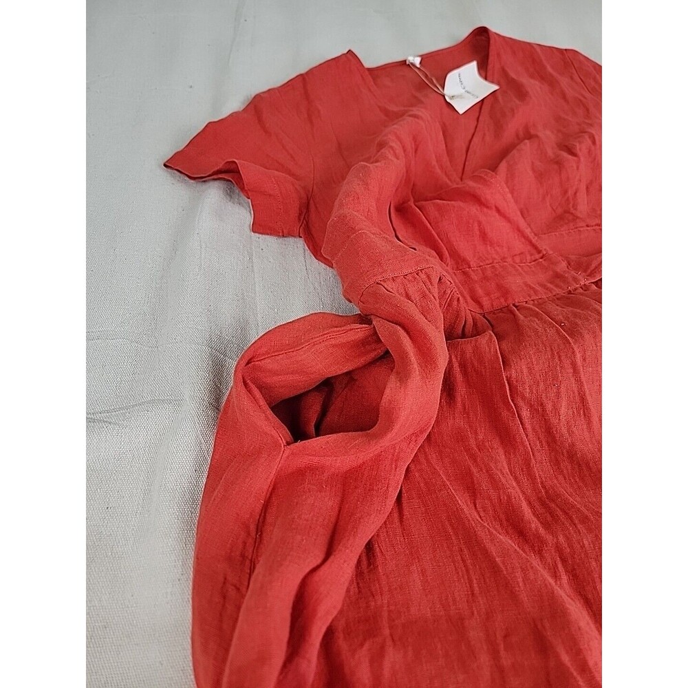 Grae Cove Linen Dress M Orange Wrap Tie Pockets V Neck Praire Cottagecore NEW - Picture 7 of 13